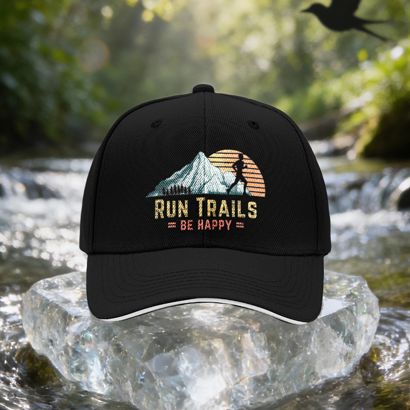 Running Cap Lightweight - Mountain Sunset Running Text Sandwich Cap,